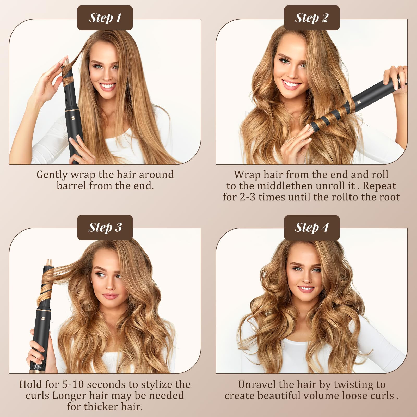 5-in-1 Air Styler for Long Hair, Blow Dryer Brush + Auto Curling Wands, Ionic Hair Straightener & Curler with 3 Heat Settings, 200M Negative Ions, Women’s Gift