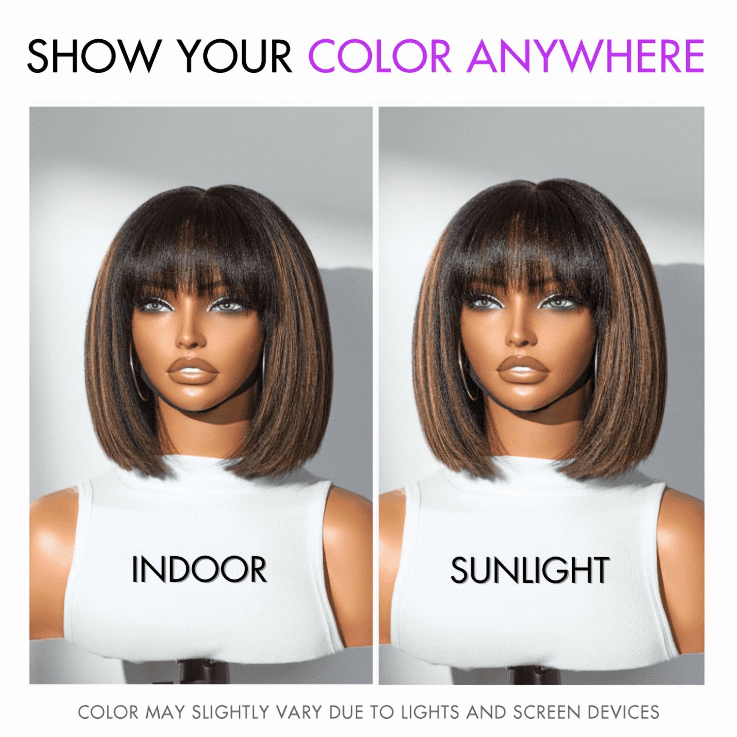 LUVME 10" Put On and Go Brown Highlight Yaki Bob with Bangs Glueless Minimalist Lace Wig Breathable Cap for Women