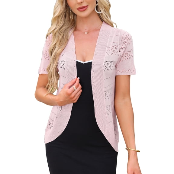 DARING DIVA Women's Short Sleeve Crochet Open Front Knit Cardigan Shrugs XS Light Pink
