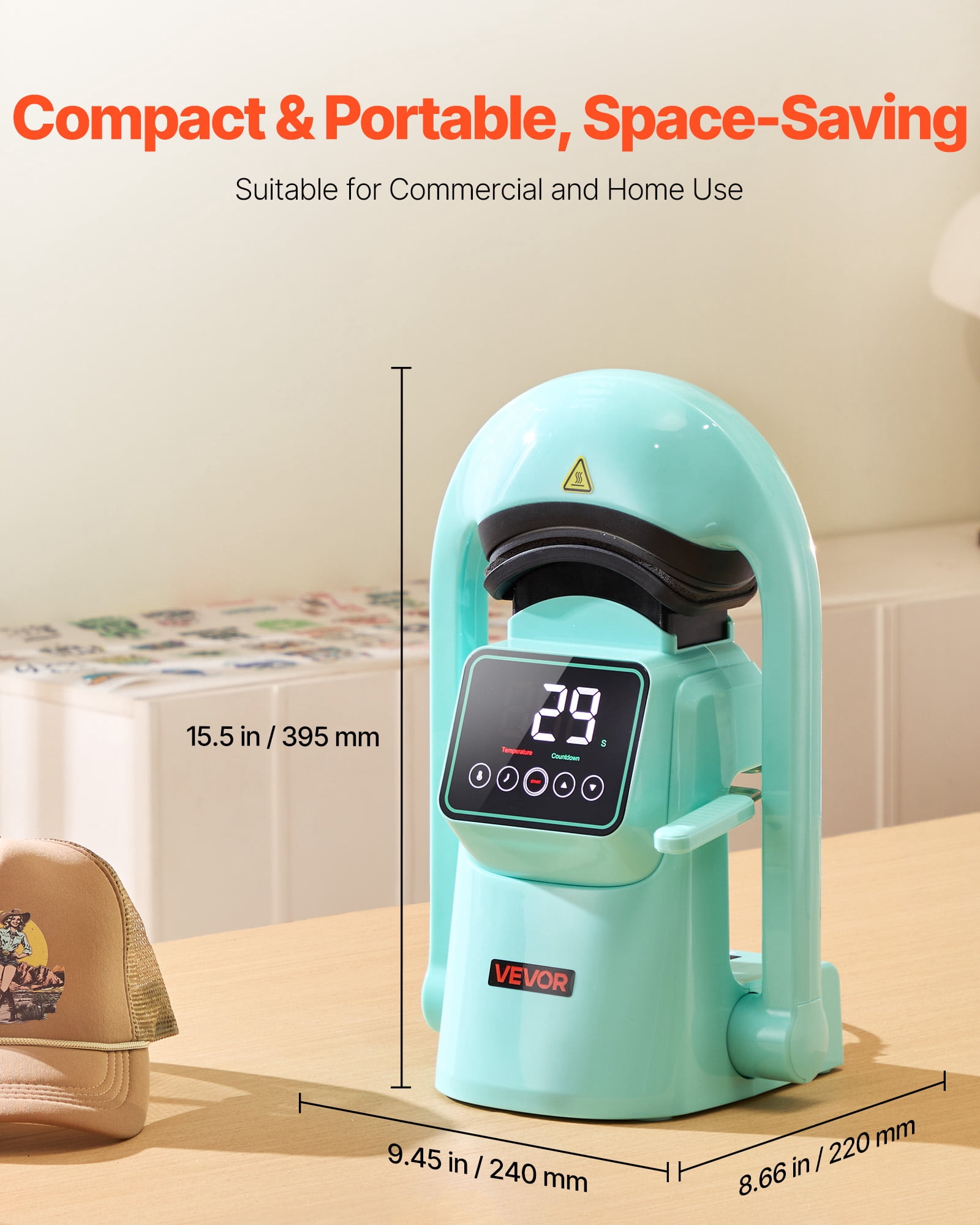 VEVOR Auto Hat Heat Press Machine, with 2pcs Interchangeable Platens, Automatic Open and Release, Touchscreen for Precise Time and Temperature Control, Heat Transfer Printing for Caps, Hats, Green