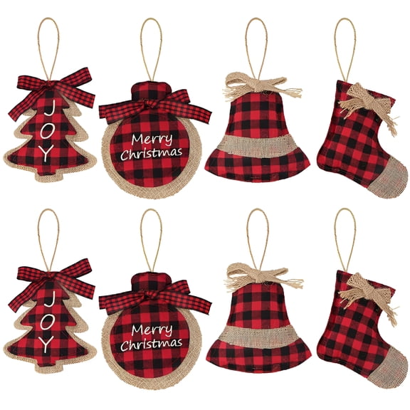 BESTSKY Christmas Decorations Tree Ornament,8 Pcs Red Black Buffalo Check Plaid Stitching Burlap Hanging Ornaments,Tree Ball Bell Stocking Shaped Hanging Decor for Holiday Xmas Party Decorations