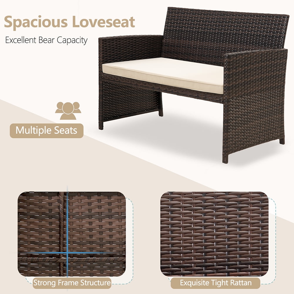 Kadyn 4 Pieces Outdoor Wicker Furniture Sets, PE Rattan Chair Patio Conversation Sets with Glass table, Soft Cushions Single chair and Double chair, Conversation Sets for Balcony, Khaki
