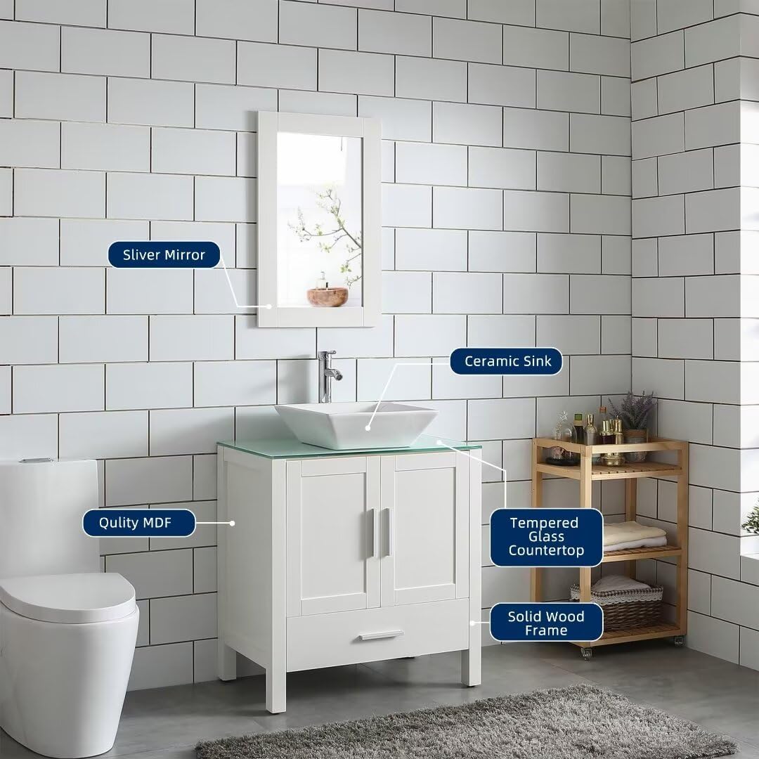 Goodyo 30" White Bathroom Vanity and Sink Combo MDF Wood Glass Top Heighten Cabinet w/Mirror Faucet and Drain