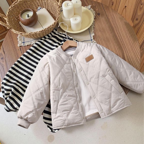 AUNVITO Boys & Girls 7-15Y Quilted Jacket Solid Button Front Thickened Warm Cotton Coat Casual Long Sleeve Indoor Outdoor Wear