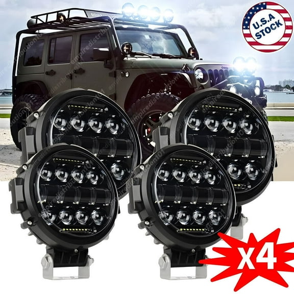 4pcs 7inch Round LED Work Light Bar DRL Combo Pods Offroad SUV Driving Lights S 