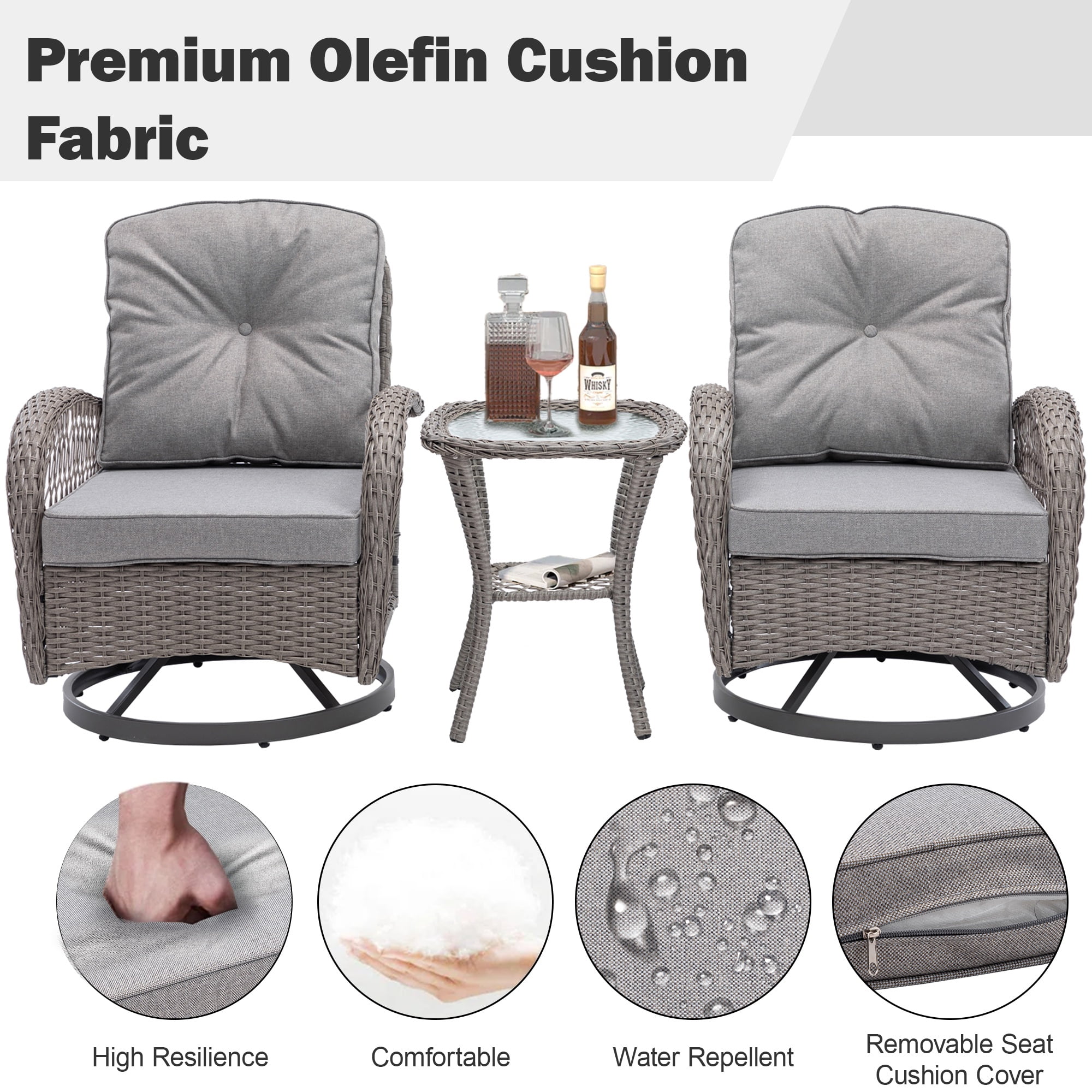 Patio Furniture Rocking Chairs Set, 3 Pieces Rattan Outdoor Furniture Cushioned, Patio Conversation Swivel Glider Rocker with Swivel Glider Rocker, Gray