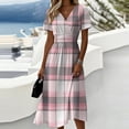 thumbnail image 2 of Laqbezok Plaid Short Sleeve Midi Dress, Elegant Ruched High Waist Slimming Check Dress, Casual V-Neck A-Line Flare Fashion Outfit, Classic Tartan Sun Dress, 2 of 6