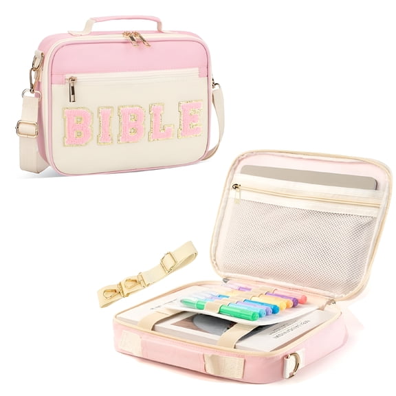 AOMRCOL Bible Cover Case for Women, Large Chenille Letter Leather Bible Bag with Shoulder Strap, Pink Bible Carrying Tote Bags Case for Bible Study, Christian Gifts for Women