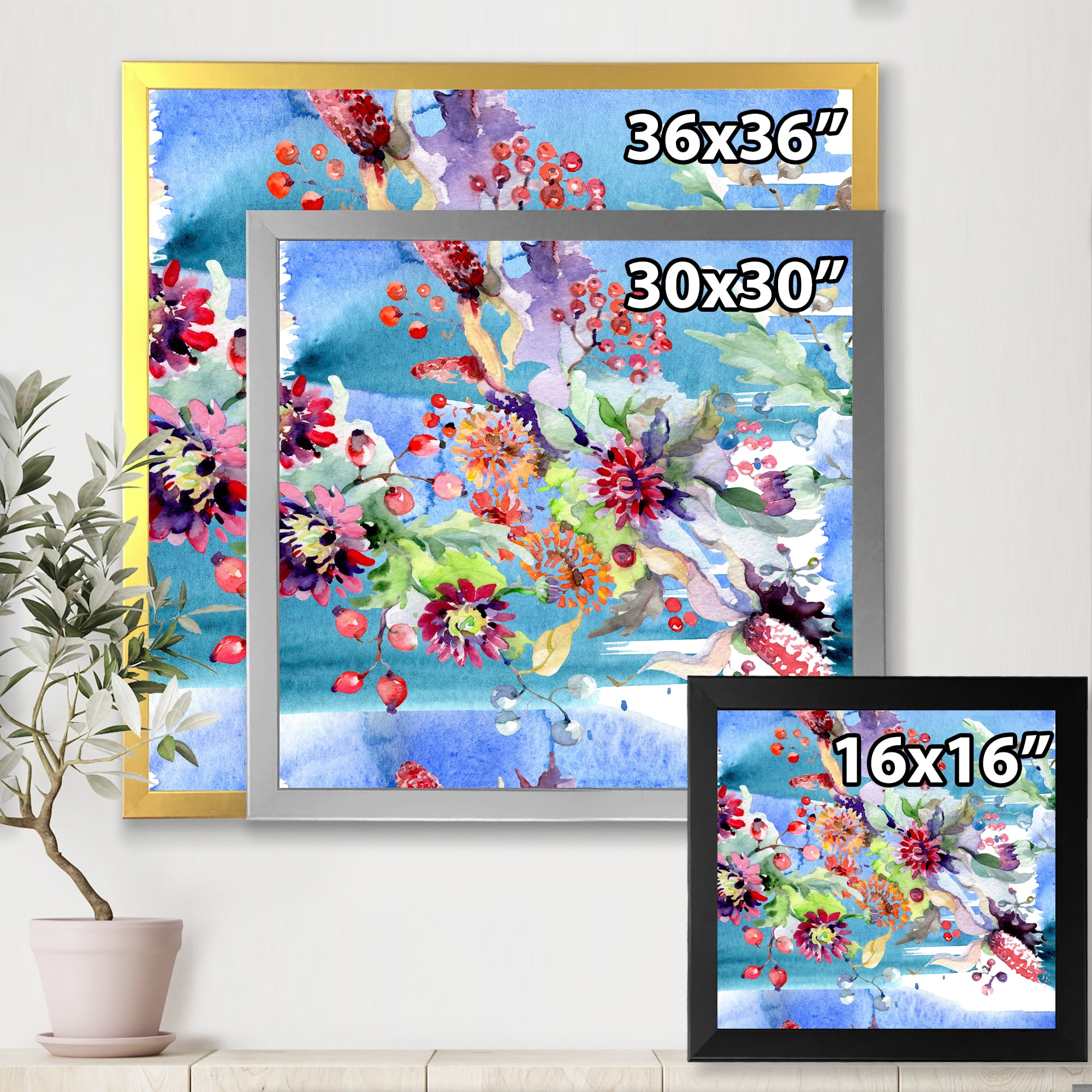 Wildflowers and Vibrant Wild Spring Leaves XIII 16 in x 16 in Framed Painting Canvas Art Print, by Designart