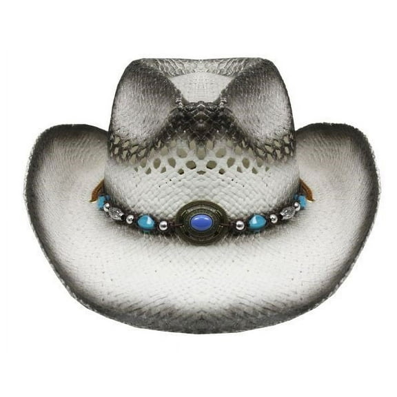 KIDS GIRLS White Tea Stain Straw COWBOY HAT w/ Turquoise Blue Beads WESTERN Cowgirl Children Child size Hat