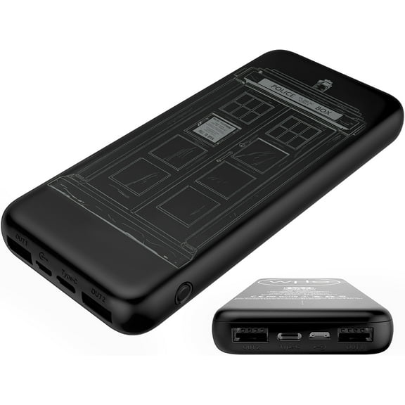 Doctor Who Phone Charger | Slim Pocket Sized 10,000mAh Power Bank with Tardis Design, 3 USB Outputs, 2.1A & 1A, Charges Three Devices, USB-A and Type-C Charging, Phone and Tablet Backup Battery.
