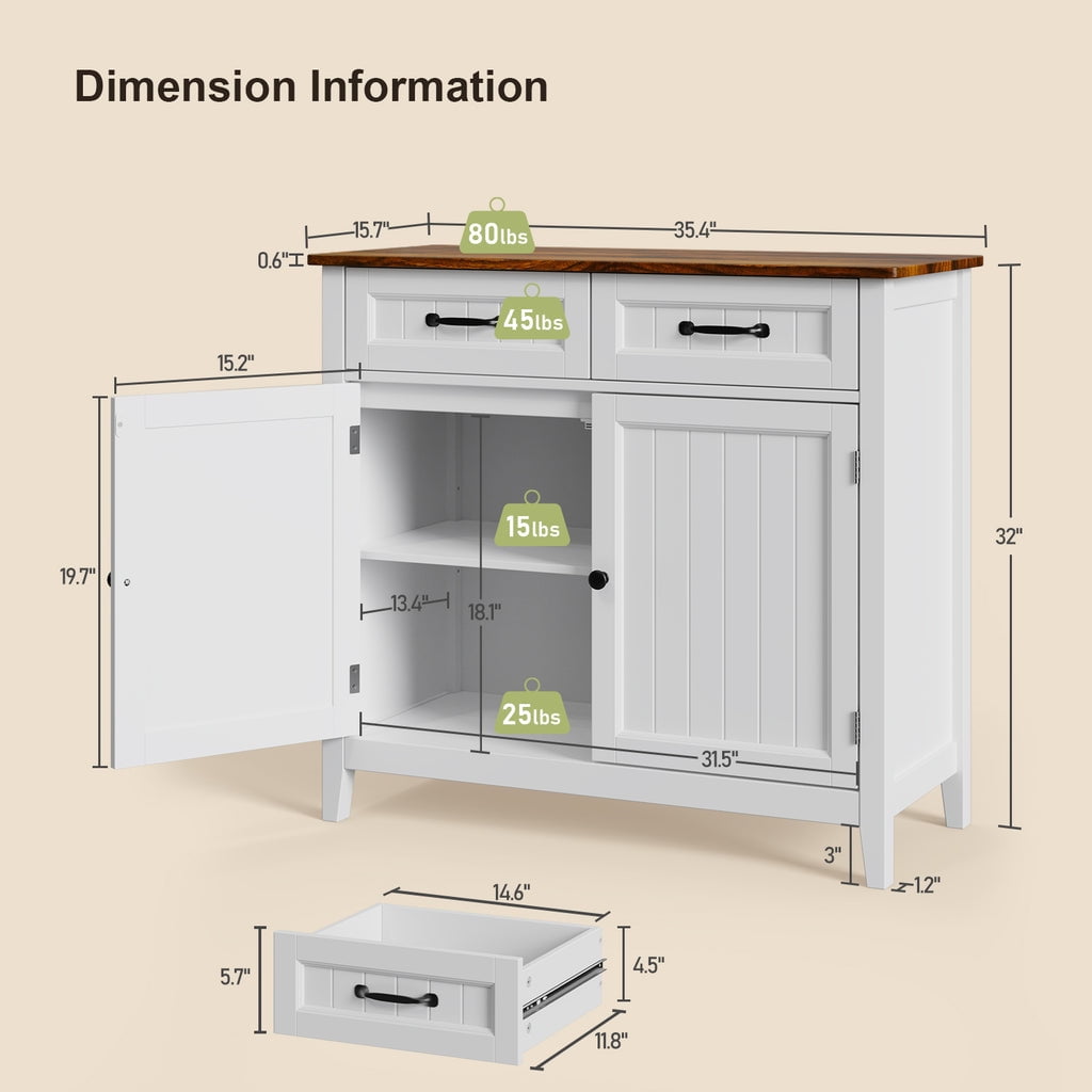 Coffee Bar Cabinet, Aiho 35" Farmhouse Kitchen Pantry Storage Cabinet, 2 Drawers, Adjustable Shelf - White+Retro