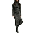thumbnail image 2 of Women's Pleated Velvet Super Long Dress Long Sleeve High Neck Tight Long Dress Fashion Solid Color for Winter Elegance and Formal Events,Dark Gray,S, 2 of 5