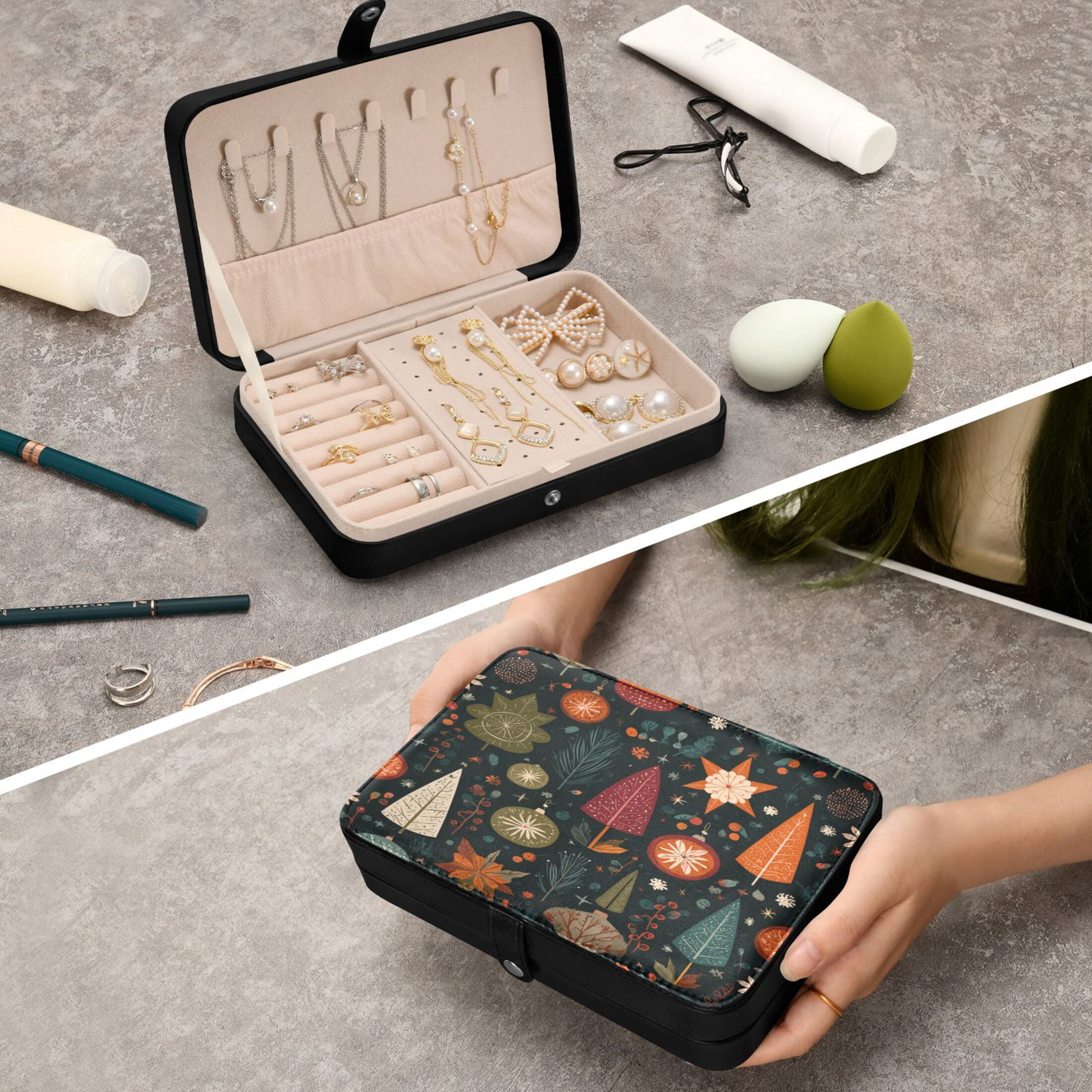 Leather Jewelry Box Rectangular 8.27x5.5x1.78In Travel Jewelry Storage Earrings Necklace Bracelet Watch Brooch Storage Christmas Elements Beautiful