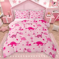 Homewish Girly Pink Dinosaur Bedding Comforter Set, Cute Cartoon Animal Twin Comforter Sets, Teens Kids Boys Girls Reversible Bedding Set, Breathable Home Decor, 2-Piece