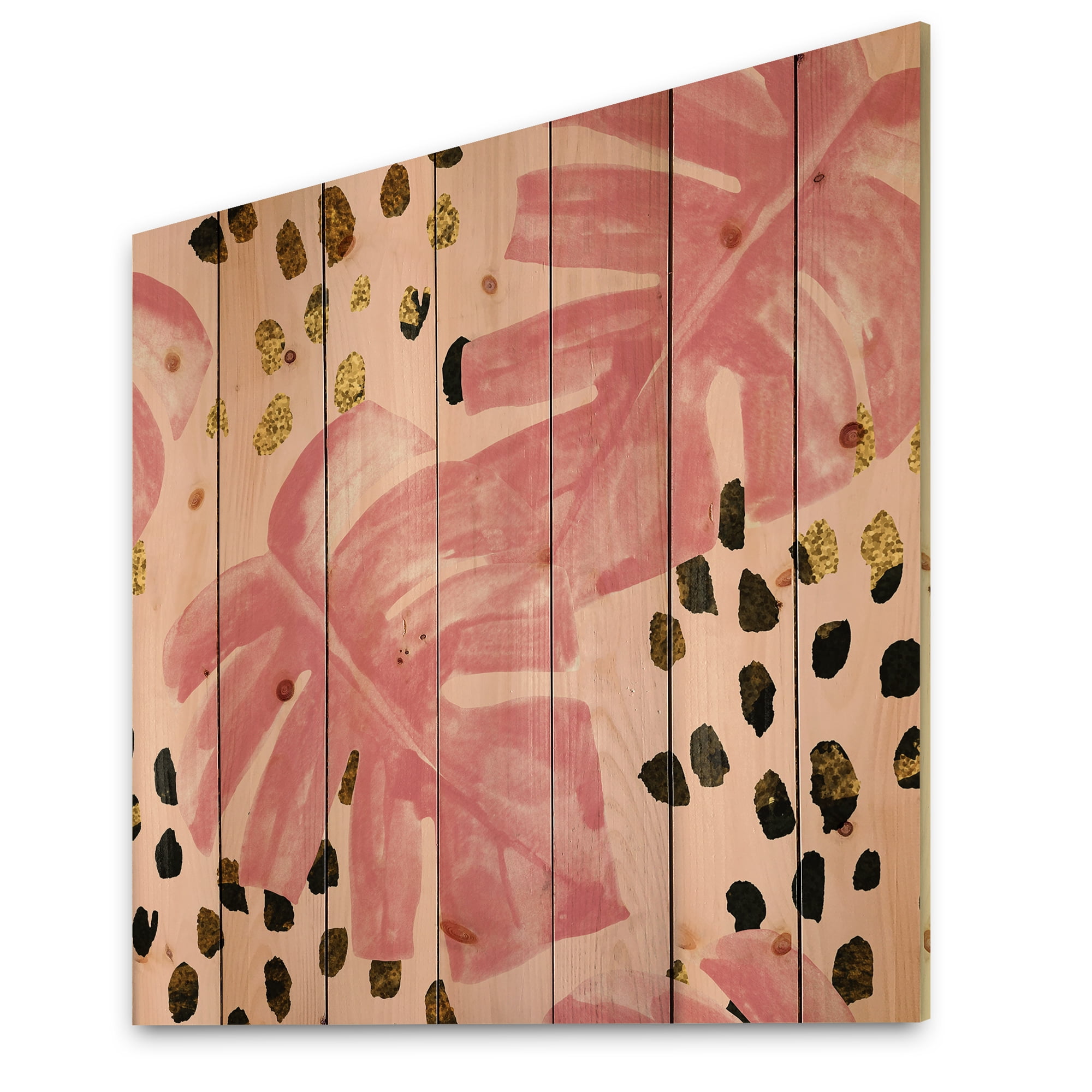 Designart 'Rough Brush Strokes Pink Colored Monstera I' Tropical Print on Natural Pine Wood