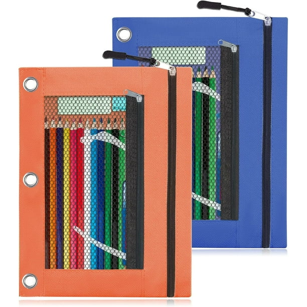 Estuche para lápices para carpeta de 3 anillas, paquete de 2 estuches con cremallera de doble capa, portalápices de malla transparente, organizador de papelería, estuche para útiles escolares y de