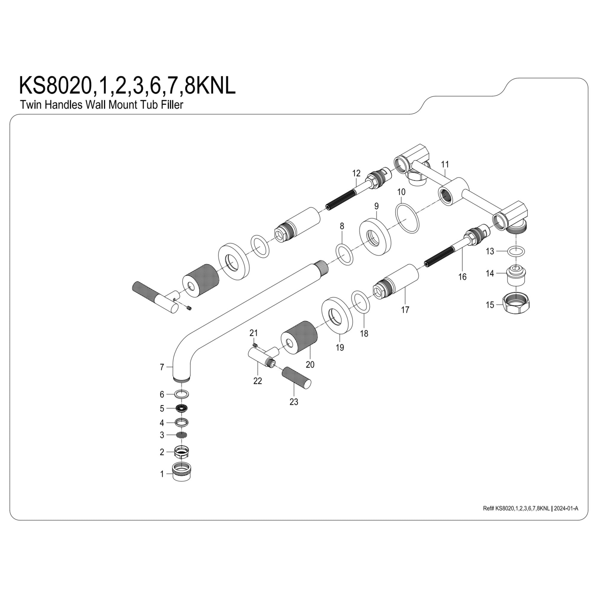 Kingston Brass KS8020KNL Convergent Two-Handle 3-Hole Wall Mount Roman Tub Faucet with Knurled Handle in Matte Black