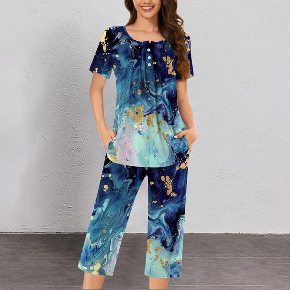 Cagogo Women Plus Size 2 Piece Set Round Neck Short Sleeve Tshirt Pocket Capris Casual Lounge Matching Outfits Boho Soft Summer Cruise Clothes Airport Travel, Blue M