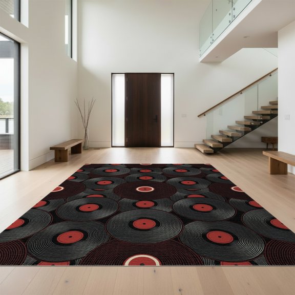 Design&I 3'x5' Washable Area Rug Circle Music Retro Turntable Spinning Record Tonearm Motif Vinyl for Home Office, Hallway, Low Profile & Durable Daily Traffic Ready