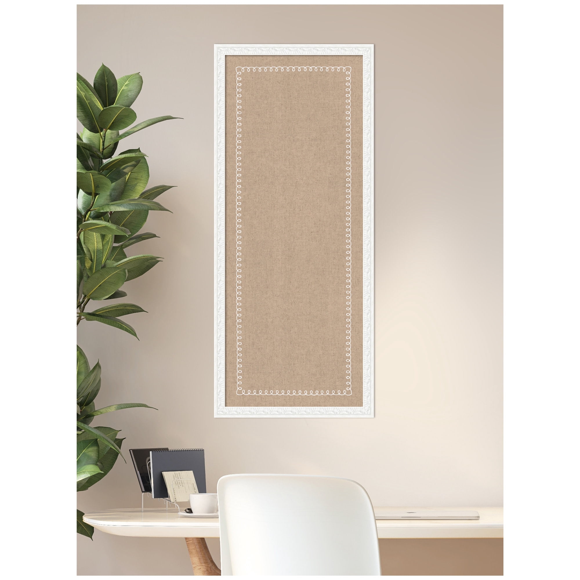 Kate and Laurel Framed Fabric Pinboard 18 x 42, White Scalloped Edge Printed Linen Decorative Bulletin Board for Use as a Vision Board or Wall Organization, Bethany White Frame