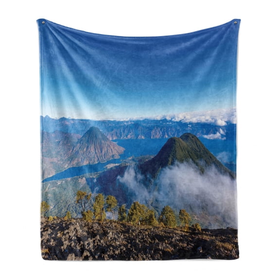 Central America Soft Flannel Fleece Throw Blanket, Aeriel View of Lake Atitlan and Volcano San Pedro Early in the Morning, Cozy Plush for Indoor and Outdoor Use, 70" x 90", Multicolor, by Ambesonne