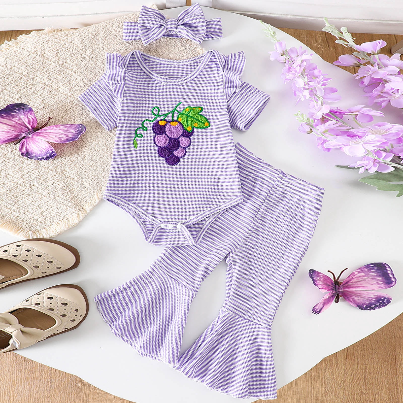 Faraee Summer Baby Girl Clothes Ruffle Short Sleeve Tops Romper Bell Bottom Flare Pants Set Infant Newborn Stripeds Cute Outfit 0 3 6 12 18 24 Months Purple