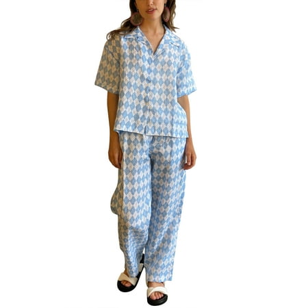 

GuliriFei 2 Pcs Women Printed Shirts Pant Pajamas Set Button-down Short Sleeve Turn-down Collar Shirt + Wide-leg pants