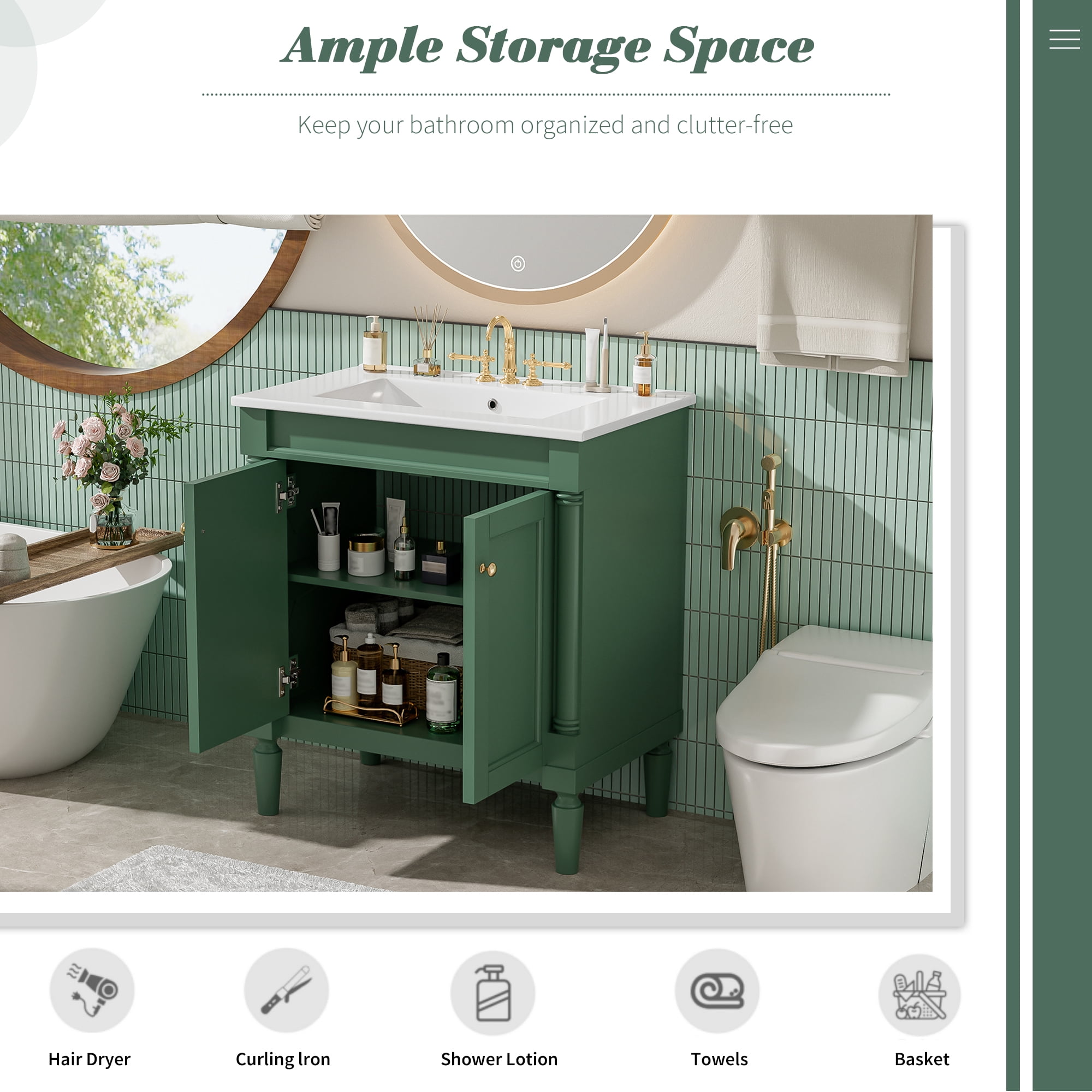 Euroco 30" Luxurious Bathroom Vanity Cabinet with Ceramic Sink Basin, 30-Inch, Storage Cabinet with Soft Close Doors and Solid Wood Legs