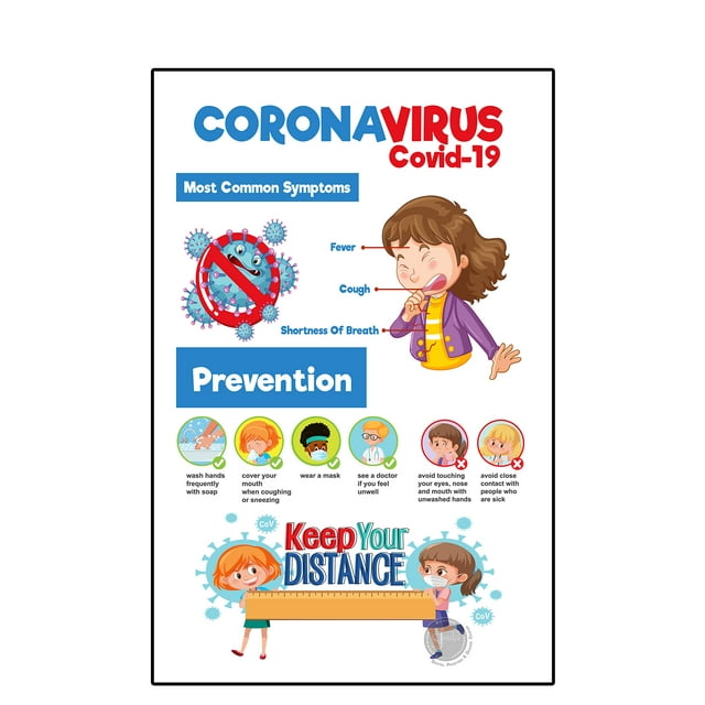 Social Distancing Sign - Pack of 5 - Keep Your Distance Wall Sign Posters, Symptoms and Prevention (Cardstock, 11"x 17")
