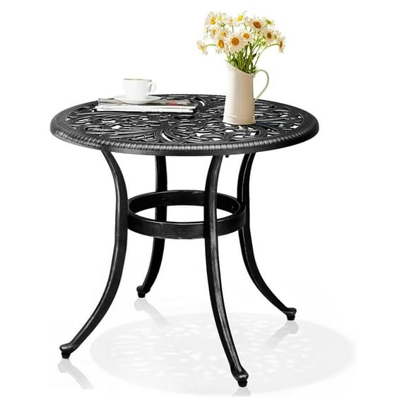 HYYOPPatio Side Table, 23.6in Outdoor Round Cast Aluminum Bistro Table with Umbrella Hole and Antique Design for Backyard Porch Pool Balcony Deck Black