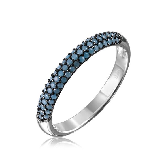Pave Set Simulated Turquoise Triple Rows Designer Ring Two Tone Rhodium Plated Sterling Silver Size 8
