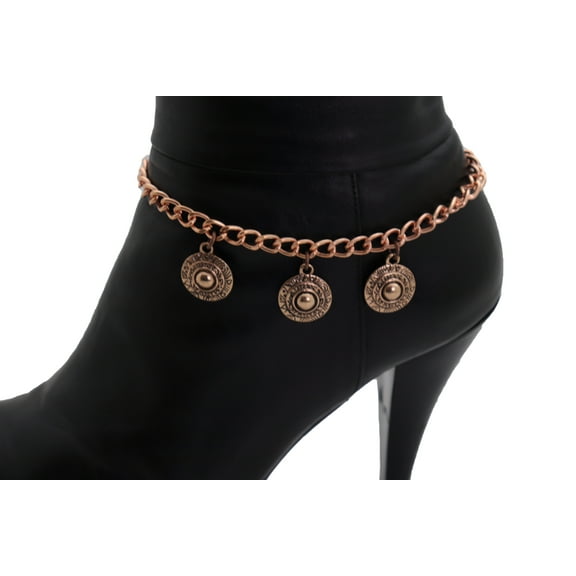 Women Rose Gold Color Metal Chain Boot Bracelet Shoe Ethnic Coin Charm