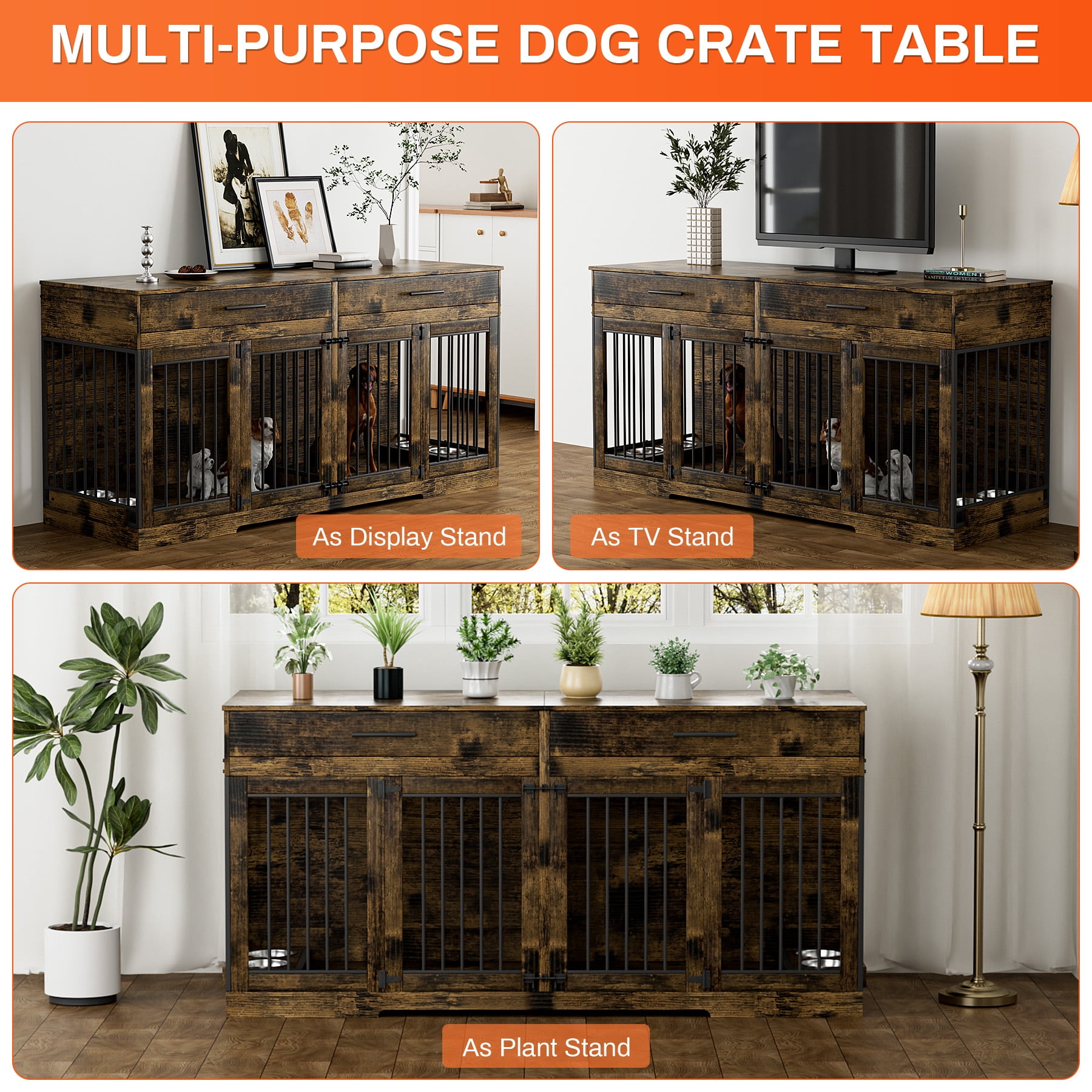 Rophefx 72" Dog Crate Furniture for 2 Dogs,Large Kennel with 2 Drawers and 4 Bowls,Wooden Heavy Duty Indoor Dog House,Brown