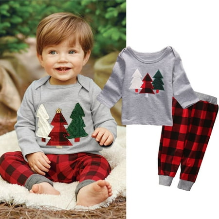 

Kids Casual Christmas Tree Print Long Sleeve Top+Plaid Pants Outfits