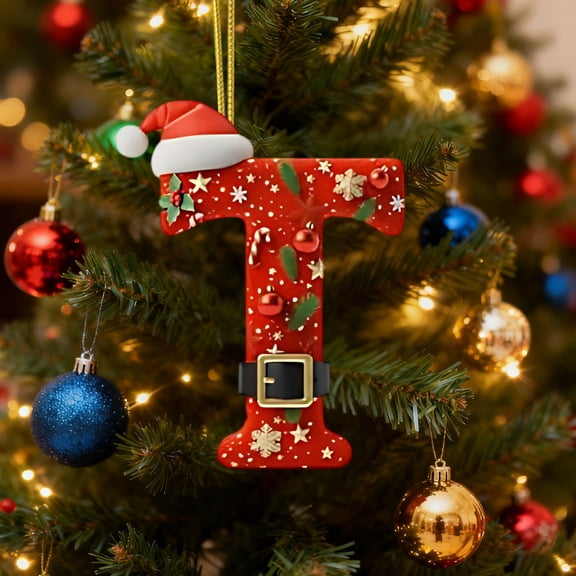 DAMAI 26 Pcs Red Initials Christmas Ornaments for Tree, 2D Acrylic Personalized Gnomes Decorative Monogram Pendants with Santa Hat Belt, Christmas Hanging Decorations for DIY Crafts Xmas Home Decor