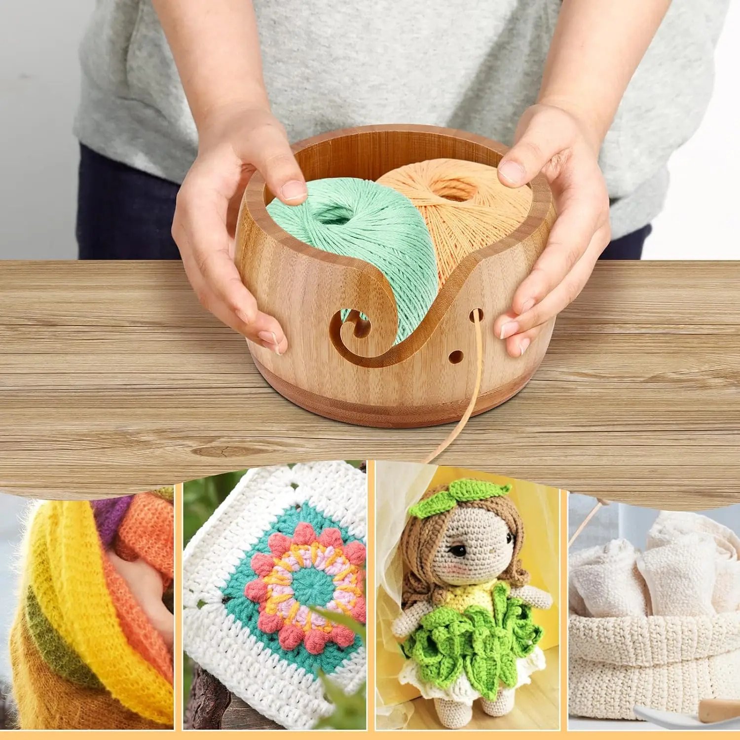 Large Handmade Wooden Yarn Bowl - 7x7x4 Inches, Ash-Tree, With Bonus Knitting Accessories (Chestnut)