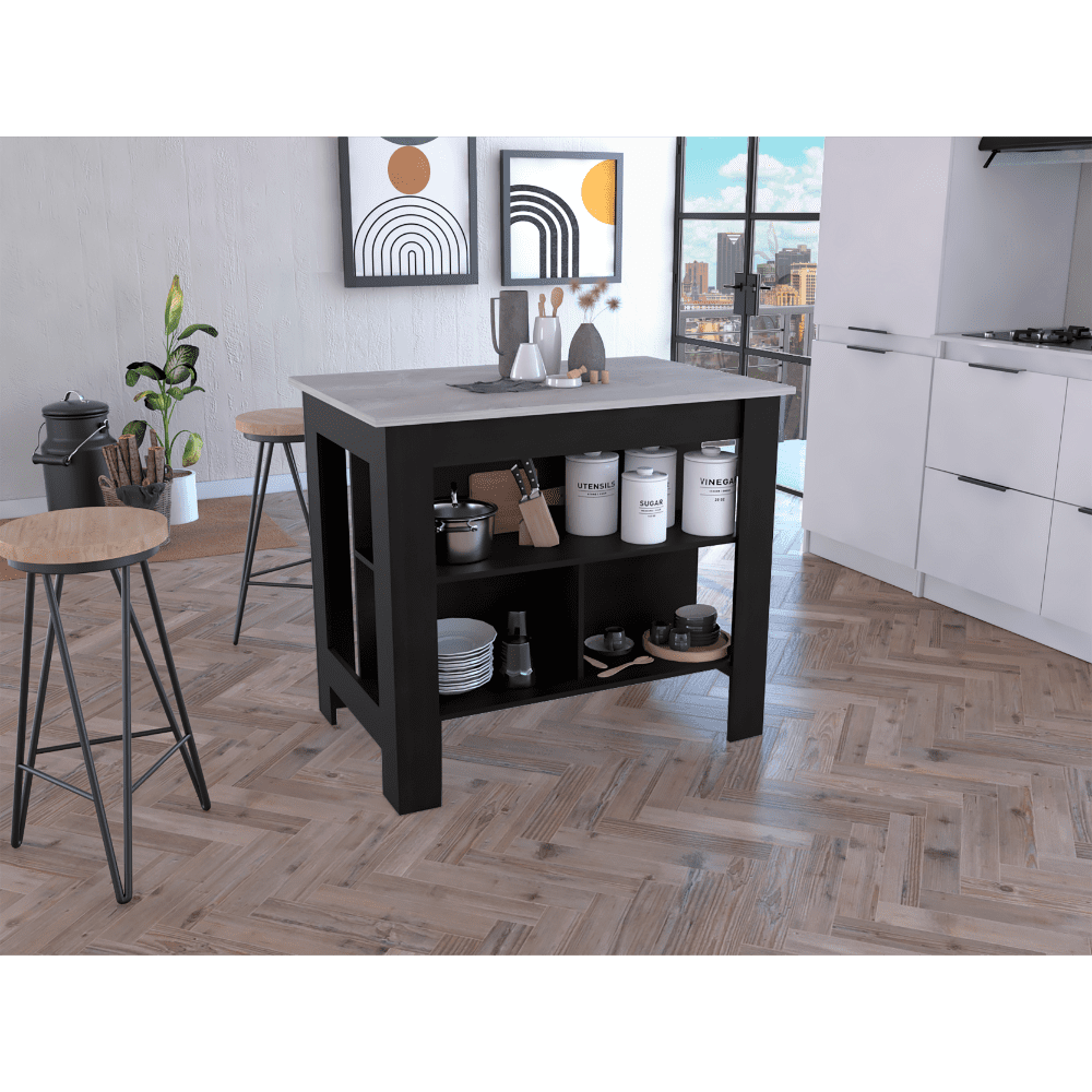 Cala 3Shelf Wooden Casual Kitchen Island, Dark Brown/Onyx