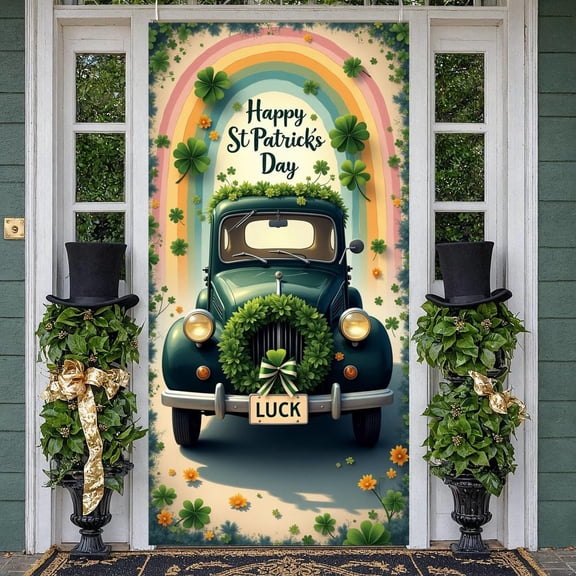 Green Themed St Patrick's Day Banner Clover Pattern Rainbow Backdrop Vintage Truck Design Shamrock Decor Luck Themed Display for St Patrick's Day Celebration Festival Indoor Decoration