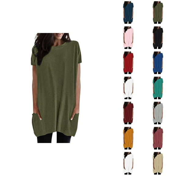 Womens T Shirts Summer Tops 2025 Solid Color Short Sleeve Crewneck Long Tees with Pockets Tshirts Shirts for Women