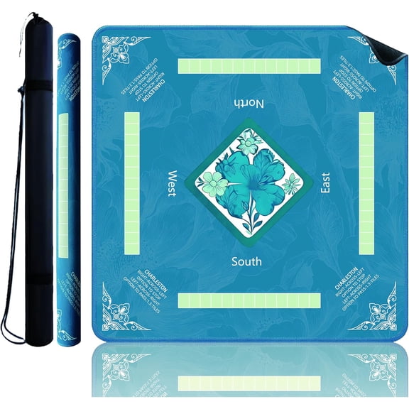Mahjong Mat Non-Slip 31.5x31.5 Inch | Noise Reduction Game Table Mat with Carrying Bag - for Mahjong (Blue/Four-Leaf Clover)