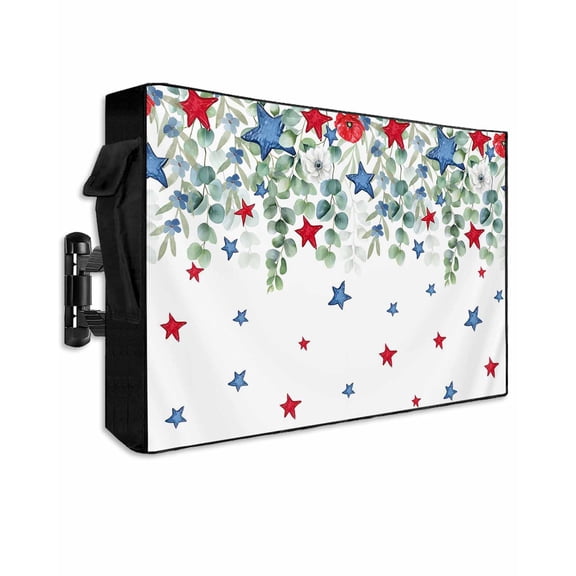 4th of July Outdoor TV Cover 40 to 43 Inch Weatherproof, Memorial Day Patriotic Star Eucalyptus Leaf 600D Oxford TV Covers with Waterproof Zipper, Outside Flat TV Screen Protector 40"Wx25"Hx4.5"D