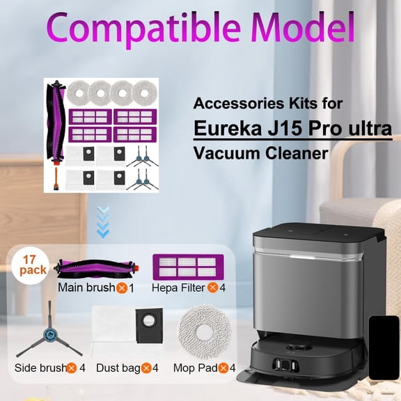 SHILIU-J15 Pro Ultra Replacement Parts Accessories Compatible with Eureka J15 Ultra Robot Vacuum Cleaner, Including 1 Main Brush, 4 Hepa Filters, 4 Mop Pads, 4 Dust Bag, 4 Side Brushes