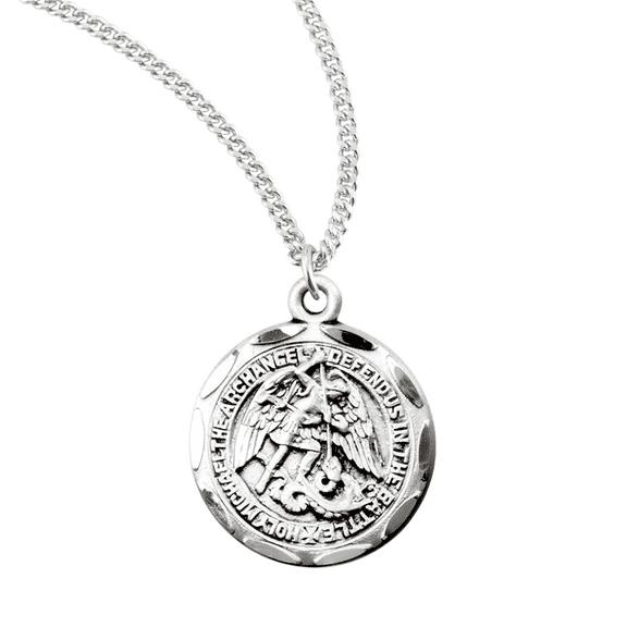 Sterling Silver Saint Michael Round Medal Necklace, Archangel Defeating Devil, Patron Saint of Police, 18" Rhodium Plated Stainless Steel Chain, Made in USA- Deluxe Velvet Gift Box Included