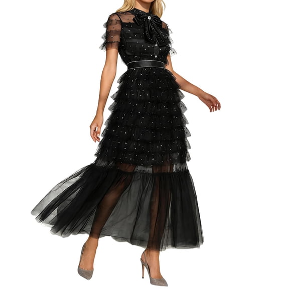 DGMIOCS Women's Gothic Tulle Maxi Dress - Sheer Mesh Tiered Ruffle Bow Neck Sparkly Formal Evening Gown Black L