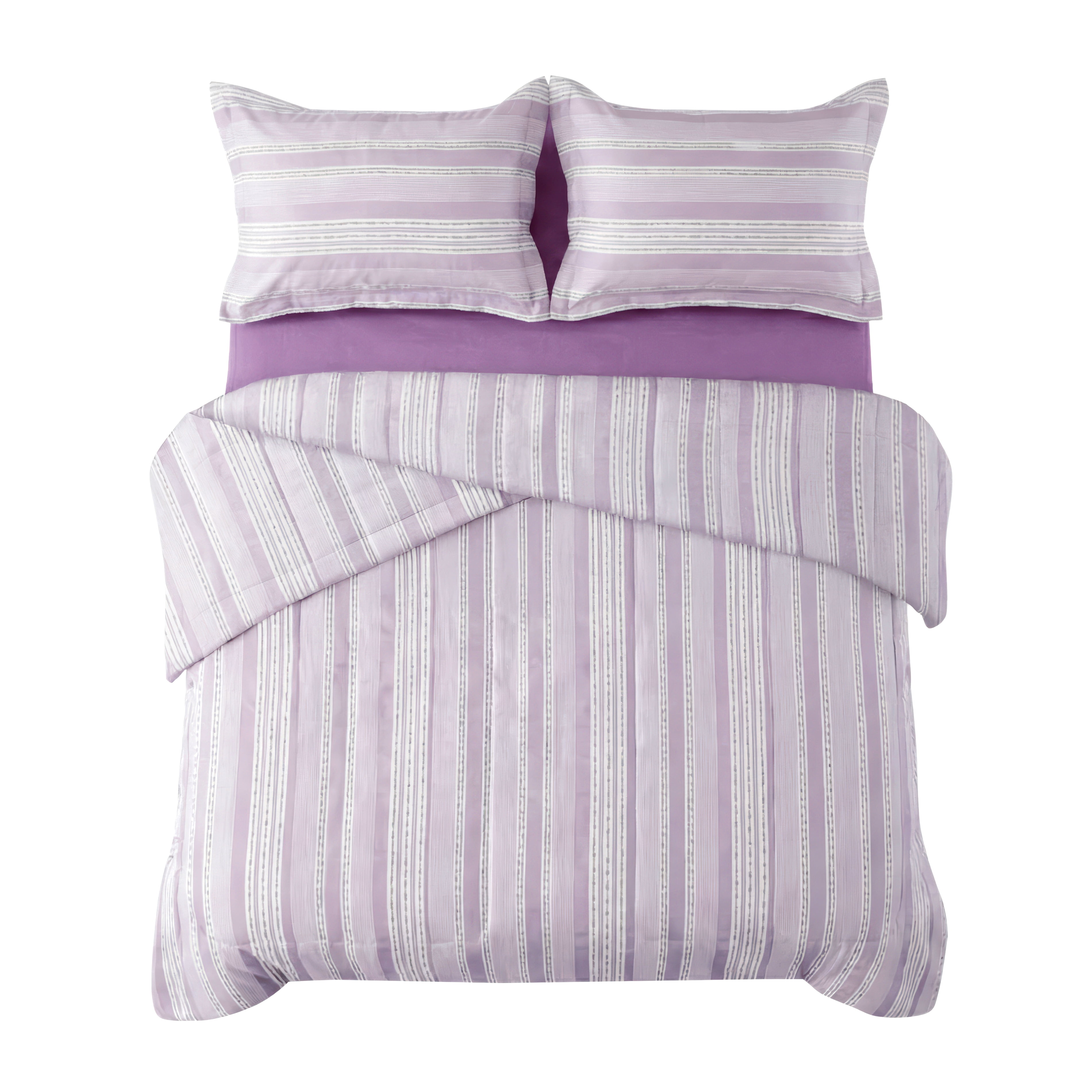 Mainstays All in One Reversible Comforter and Sheet set- 7 Piece, King, Purple and White Stripe