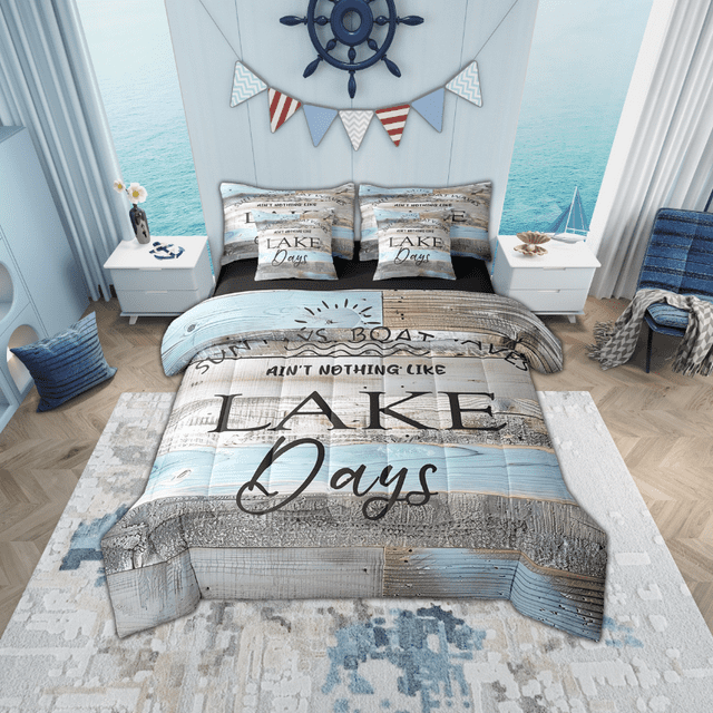 Erosebridal Ensemble de Literie Tout-en-un Grand Lit Thème Vie au Bord du Lac, Ensemble de Lit Rétro Ferme Pavillon Cabane Campagne, Réversible 7 Pcs