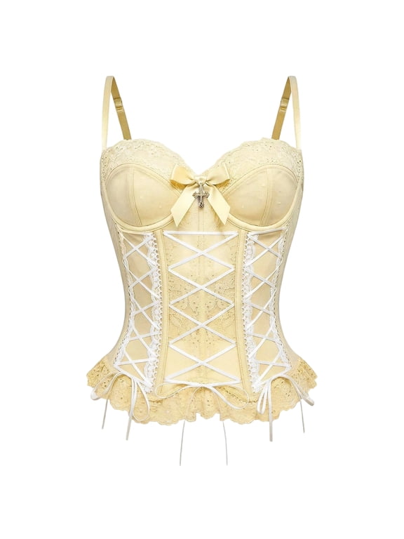 Women's Lace Corset Vest With Butterfly Crisscross Design Flexible Firm Compression Waist Cincher Breathable Skin Friendly Underbust Shapewear Yellow M
