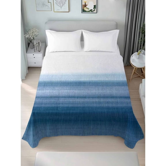 Haze Blue White Ombre Twim XL Size Flat Sheet, Wrinkleproof & Fadeproof Cooling Flat Bed Sheet Only, Vintage Gradient Striped Aesthetics Breathable Soft Bedding Top Sheets 66 x 102 Inches
