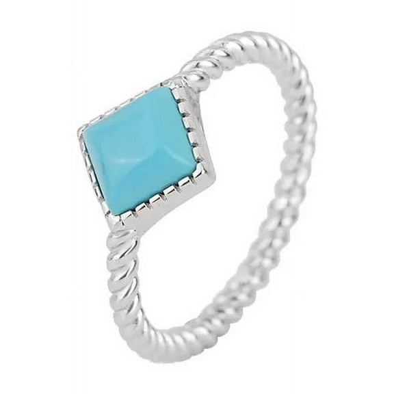 Square-Cut Lab-Created Turquoise Bezel Set Solitaire Engagement Ring with Twisted Shank in 925 Sterling Silver – Elegant, Durable, and Unique